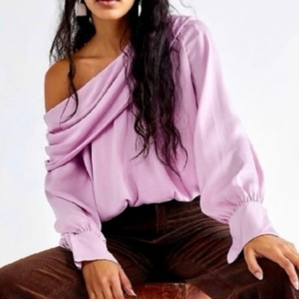 Free People Jenna pink satin off the shoulder blouse romantic boho coquette